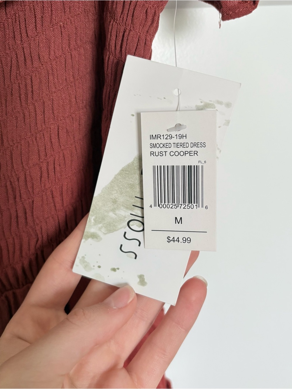 Smocked Rust Red Mini Dress with Ruffle Neckline - Picture 2 of 5